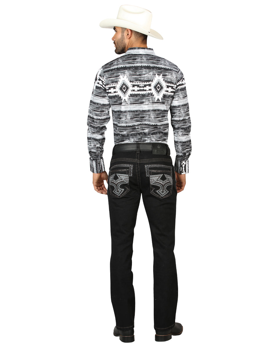 Centenario Men's Black Denim with Gray Embroidered Details 45311