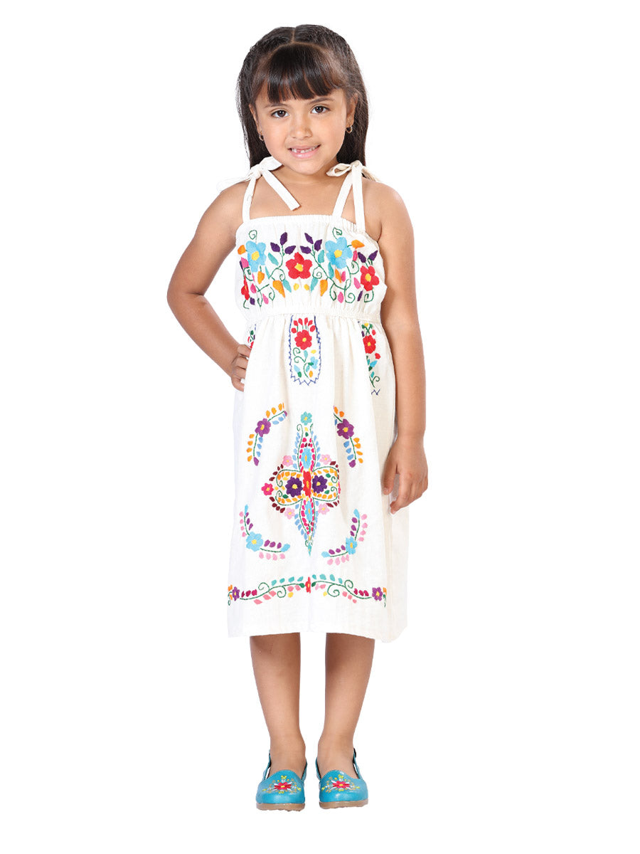 Artisanal Embroidered Dress 100% Cotton Beige 603078